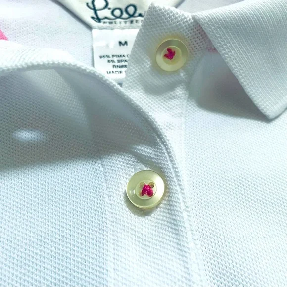 Lilly Pulitzer•M•Vintage White/Hot Pink Polo Shirt•95% Pima Cotton~5% Spandex🌼 - Picture 4 of 9